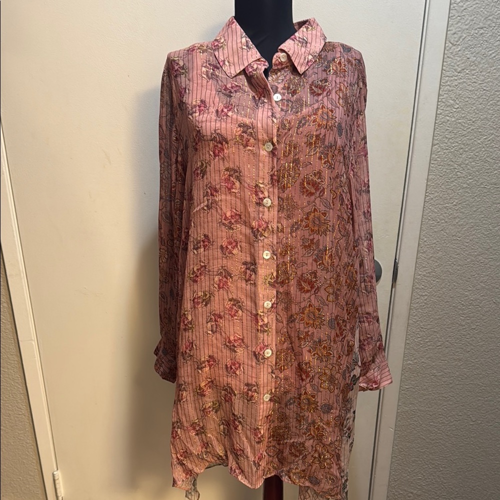 Soft Surroundings Pink Asymmetrical Button Down Shirt